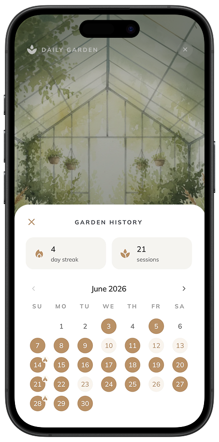 Six Seeds Garden History screen showing a daily streak and check-in calendar
