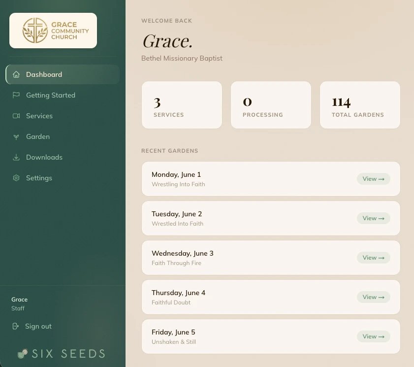 Six Seeds church dashboard showing recent sermon gardens and quick actions